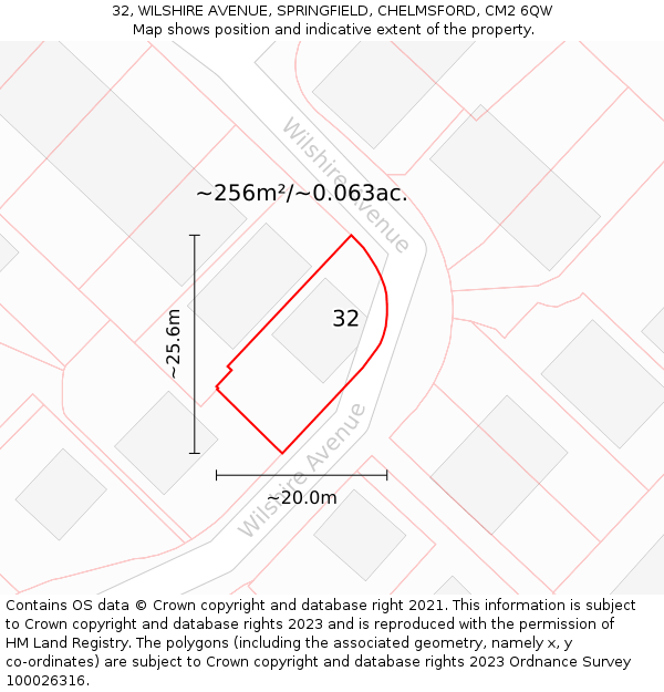 32, WILSHIRE AVENUE, SPRINGFIELD, CHELMSFORD, CM2 6QW: Plot and title map