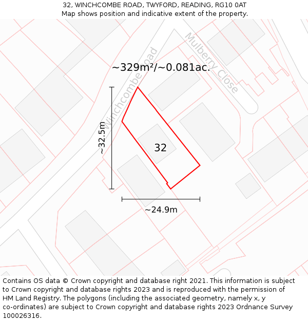32, WINCHCOMBE ROAD, TWYFORD, READING, RG10 0AT: Plot and title map