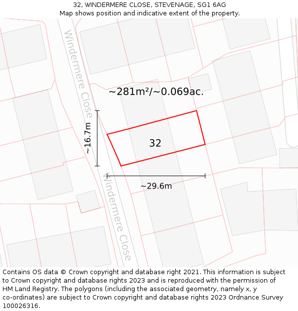 32, WINDERMERE CLOSE, STEVENAGE, SG1 6AG: Plot and title map