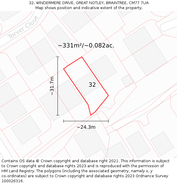 32, WINDERMERE DRIVE, GREAT NOTLEY, BRAINTREE, CM77 7UA: Plot and title map