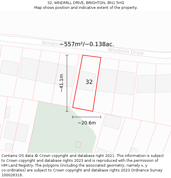 32, WINDMILL DRIVE, BRIGHTON, BN1 5HG: Plot and title map