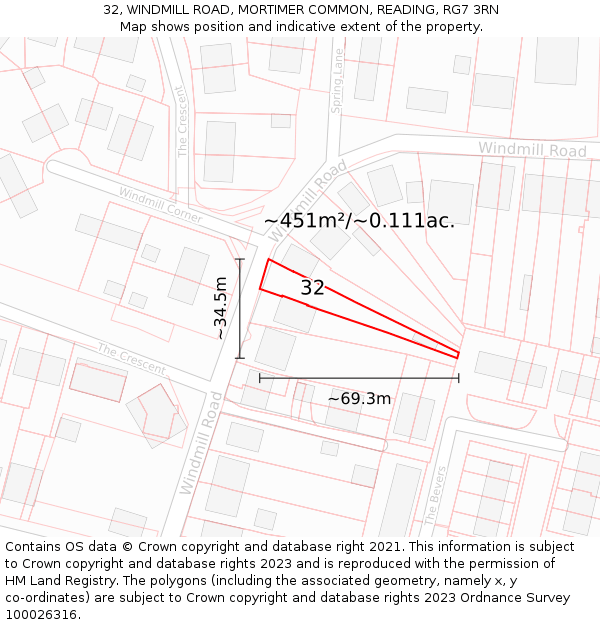 32, WINDMILL ROAD, MORTIMER COMMON, READING, RG7 3RN: Plot and title map
