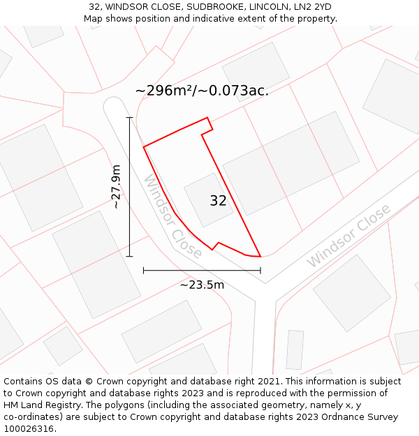 32, WINDSOR CLOSE, SUDBROOKE, LINCOLN, LN2 2YD: Plot and title map