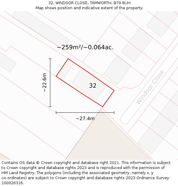 32, WINDSOR CLOSE, TAMWORTH, B79 8UH: Plot and title map