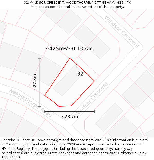 32, WINDSOR CRESCENT, WOODTHORPE, NOTTINGHAM, NG5 4PX: Plot and title map
