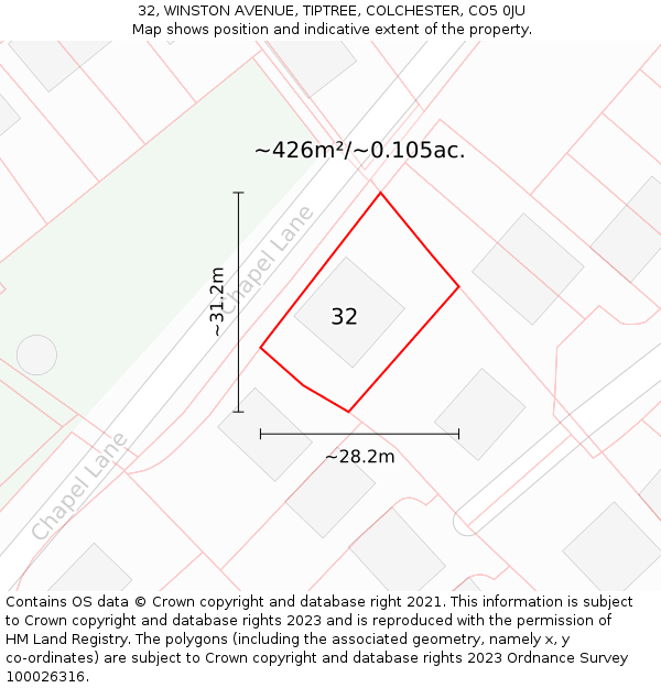 32, WINSTON AVENUE, TIPTREE, COLCHESTER, CO5 0JU: Plot and title map