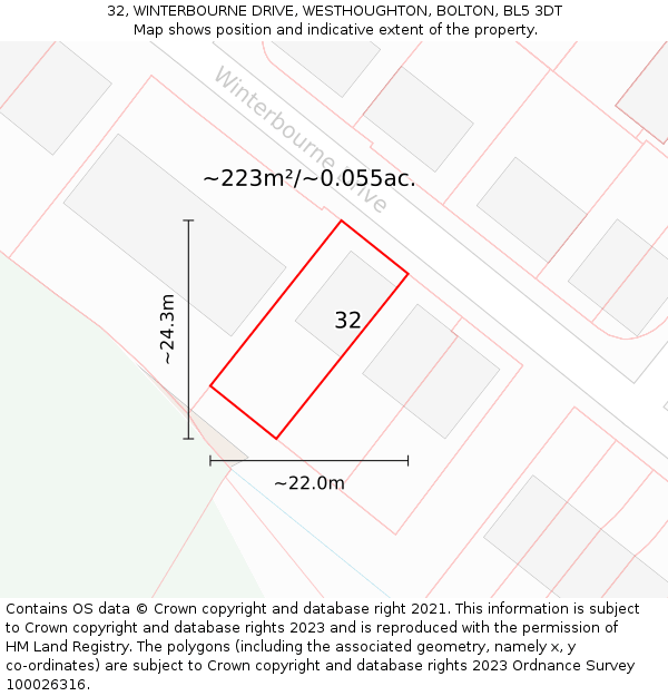 32, WINTERBOURNE DRIVE, WESTHOUGHTON, BOLTON, BL5 3DT: Plot and title map