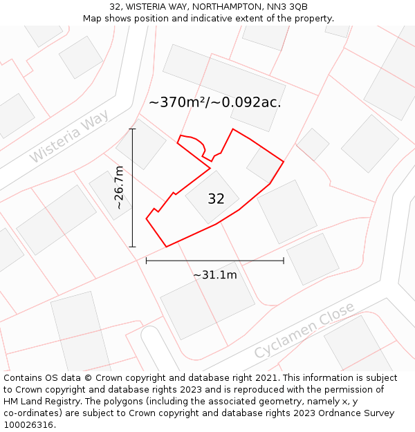 32, WISTERIA WAY, NORTHAMPTON, NN3 3QB: Plot and title map