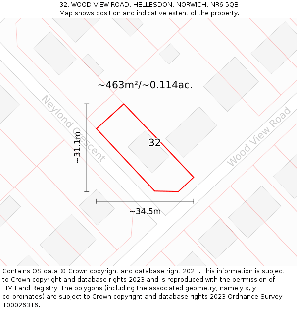 32, WOOD VIEW ROAD, HELLESDON, NORWICH, NR6 5QB: Plot and title map