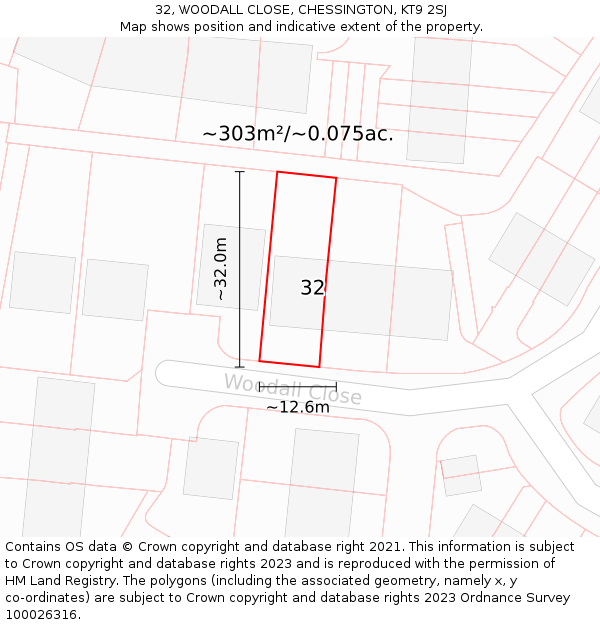 32, WOODALL CLOSE, CHESSINGTON, KT9 2SJ: Plot and title map