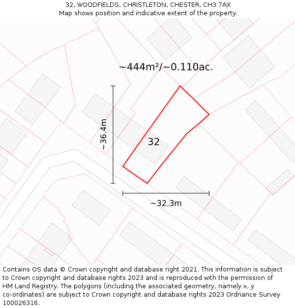 32, WOODFIELDS, CHRISTLETON, CHESTER, CH3 7AX: Plot and title map