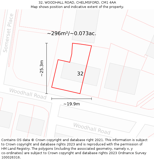 32, WOODHALL ROAD, CHELMSFORD, CM1 4AA: Plot and title map