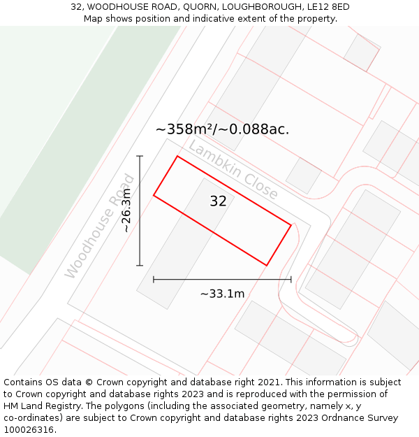 32, WOODHOUSE ROAD, QUORN, LOUGHBOROUGH, LE12 8ED: Plot and title map
