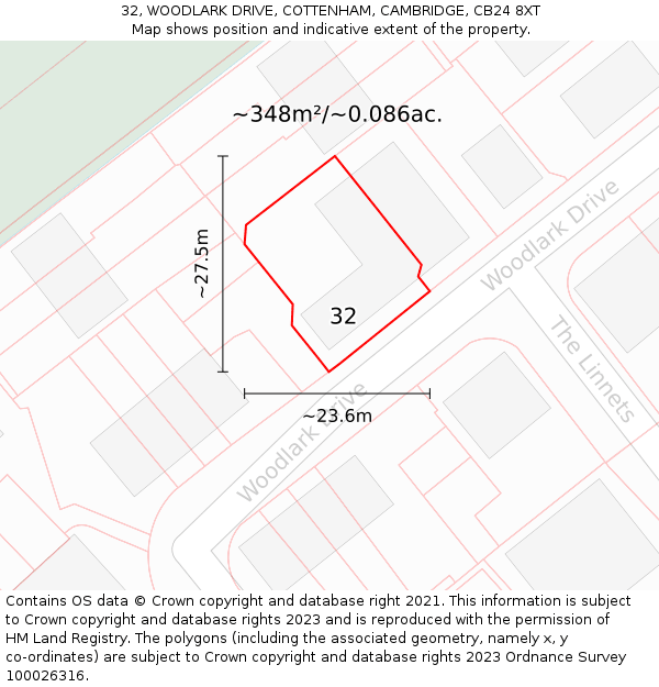 32, WOODLARK DRIVE, COTTENHAM, CAMBRIDGE, CB24 8XT: Plot and title map