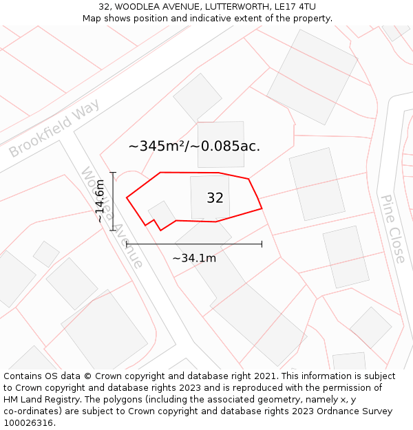 32, WOODLEA AVENUE, LUTTERWORTH, LE17 4TU: Plot and title map