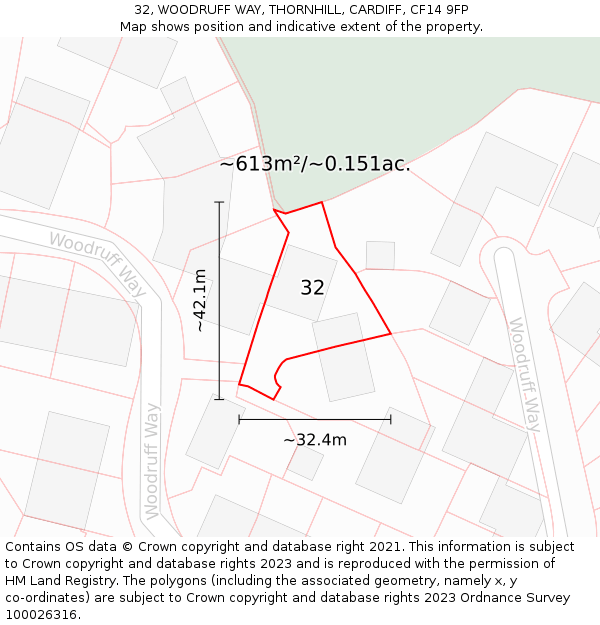 32, WOODRUFF WAY, THORNHILL, CARDIFF, CF14 9FP: Plot and title map