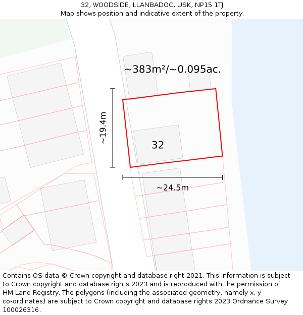 32, WOODSIDE, LLANBADOC, USK, NP15 1TJ: Plot and title map