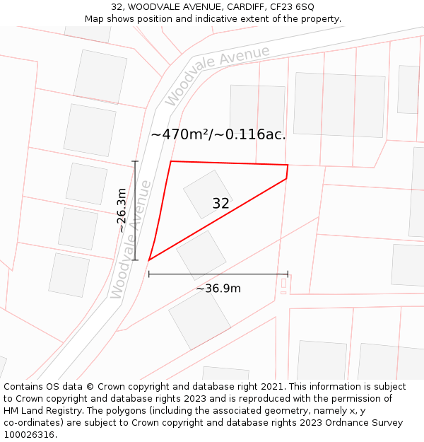 32, WOODVALE AVENUE, CARDIFF, CF23 6SQ: Plot and title map