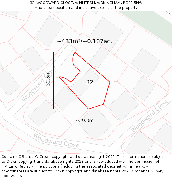 32, WOODWARD CLOSE, WINNERSH, WOKINGHAM, RG41 5NW: Plot and title map