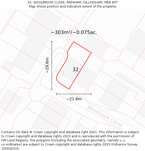 32, WOOLBROOK CLOSE, RAINHAM, GILLINGHAM, ME8 8ST: Plot and title map