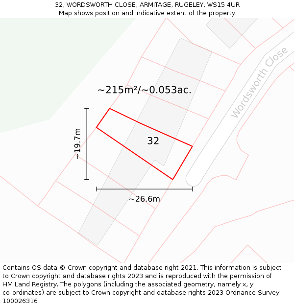 32, WORDSWORTH CLOSE, ARMITAGE, RUGELEY, WS15 4UR: Plot and title map