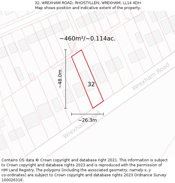 32, WREXHAM ROAD, RHOSTYLLEN, WREXHAM, LL14 4DH: Plot and title map