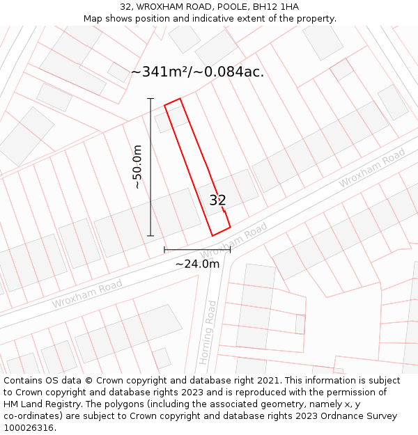32, WROXHAM ROAD, POOLE, BH12 1HA: Plot and title map