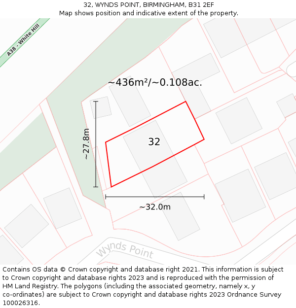 32, WYNDS POINT, BIRMINGHAM, B31 2EF: Plot and title map