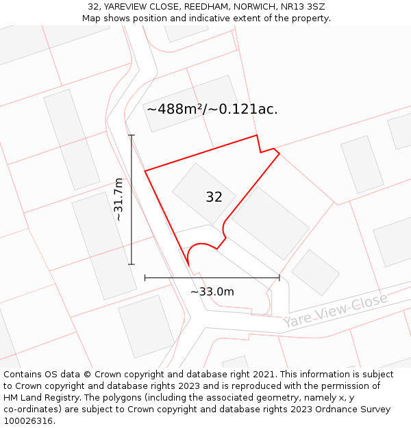 32, YAREVIEW CLOSE, REEDHAM, NORWICH, NR13 3SZ: Plot and title map