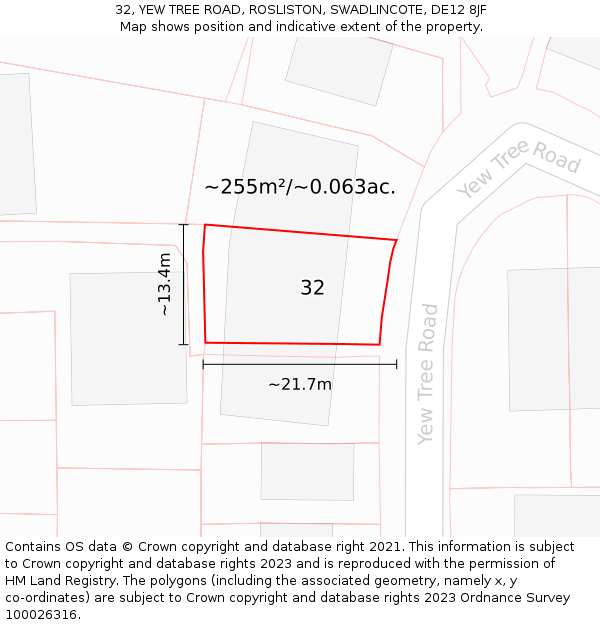 32, YEW TREE ROAD, ROSLISTON, SWADLINCOTE, DE12 8JF: Plot and title map