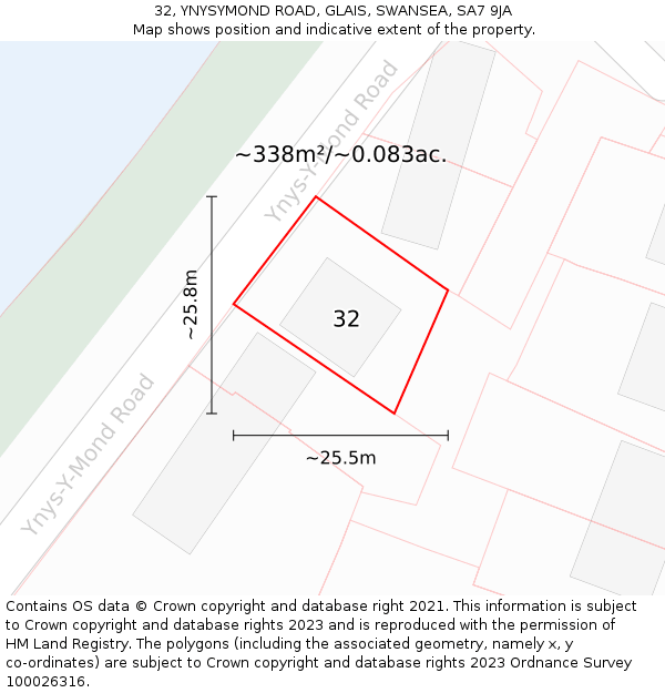 32, YNYSYMOND ROAD, GLAIS, SWANSEA, SA7 9JA: Plot and title map