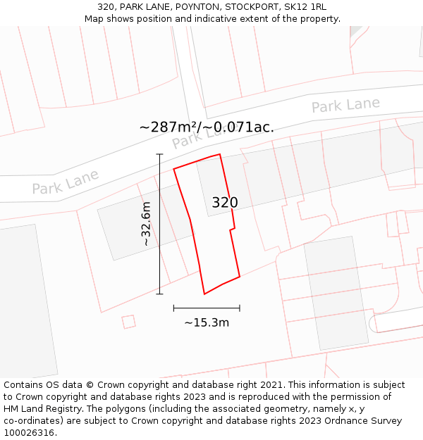 320, PARK LANE, POYNTON, STOCKPORT, SK12 1RL: Plot and title map