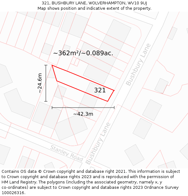 321, BUSHBURY LANE, WOLVERHAMPTON, WV10 9UJ: Plot and title map