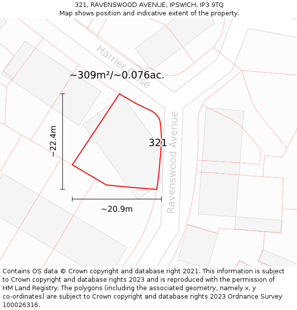 321, RAVENSWOOD AVENUE, IPSWICH, IP3 9TQ: Plot and title map
