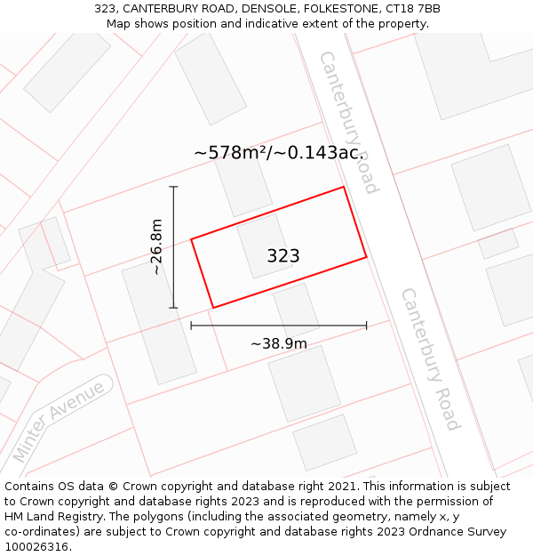 323, CANTERBURY ROAD, DENSOLE, FOLKESTONE, CT18 7BB: Plot and title map