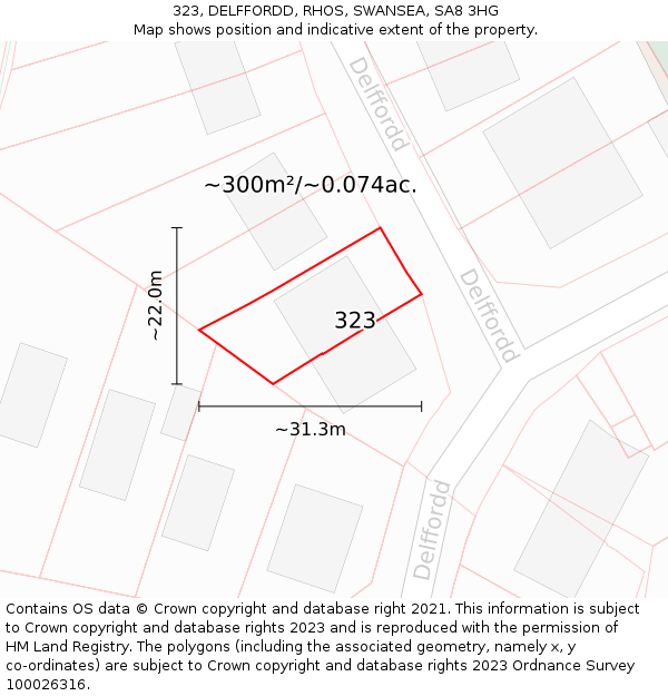 323, DELFFORDD, RHOS, SWANSEA, SA8 3HG: Plot and title map