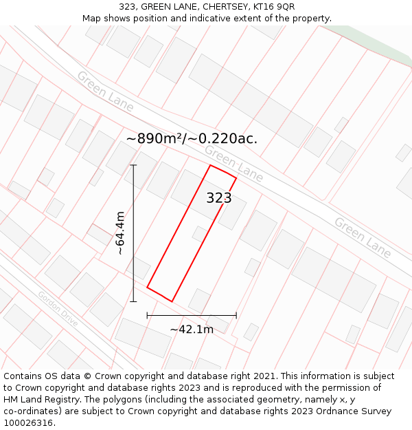 323, GREEN LANE, CHERTSEY, KT16 9QR: Plot and title map