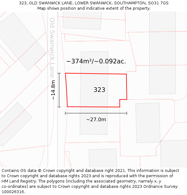 323, OLD SWANWICK LANE, LOWER SWANWICK, SOUTHAMPTON, SO31 7GS: Plot and title map