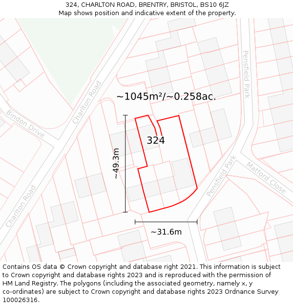 324, CHARLTON ROAD, BRENTRY, BRISTOL, BS10 6JZ: Plot and title map