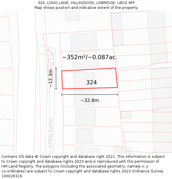 324, LONG LANE, HILLINGDON, UXBRIDGE, UB10 9PF: Plot and title map