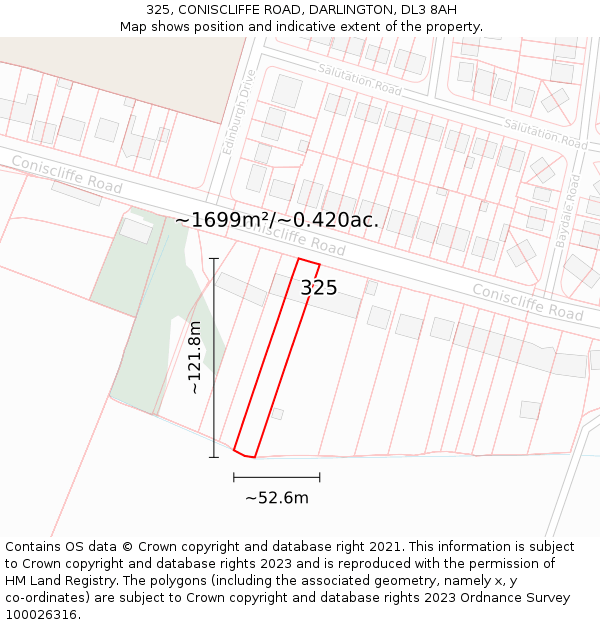 325, CONISCLIFFE ROAD, DARLINGTON, DL3 8AH: Plot and title map