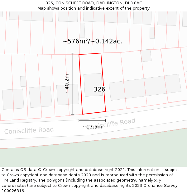 326, CONISCLIFFE ROAD, DARLINGTON, DL3 8AG: Plot and title map