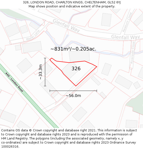 326, LONDON ROAD, CHARLTON KINGS, CHELTENHAM, GL52 6YJ: Plot and title map