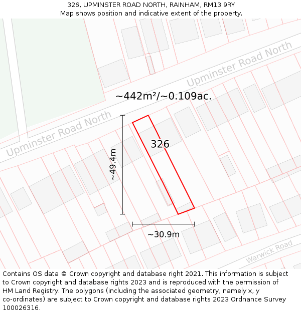326, UPMINSTER ROAD NORTH, RAINHAM, RM13 9RY: Plot and title map