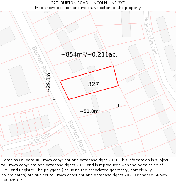 327, BURTON ROAD, LINCOLN, LN1 3XD: Plot and title map