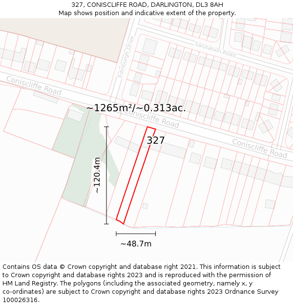 327, CONISCLIFFE ROAD, DARLINGTON, DL3 8AH: Plot and title map