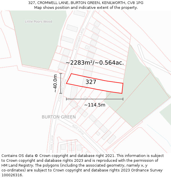 327, CROMWELL LANE, BURTON GREEN, KENILWORTH, CV8 1PG: Plot and title map