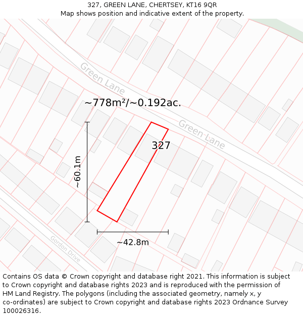 327, GREEN LANE, CHERTSEY, KT16 9QR: Plot and title map