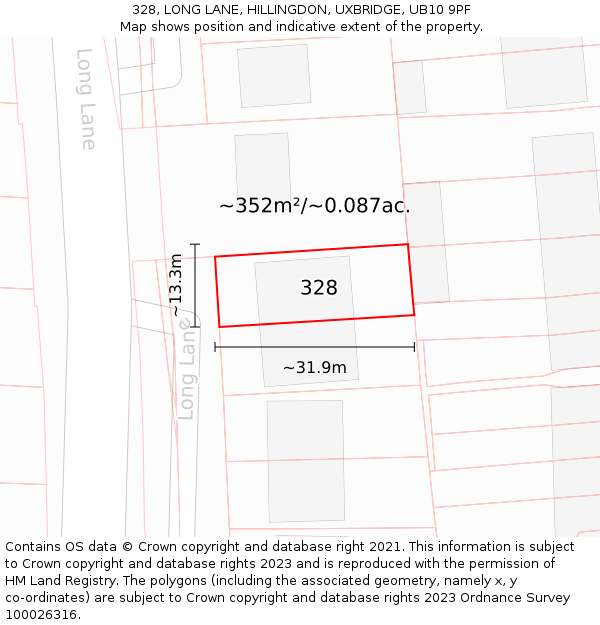 328, LONG LANE, HILLINGDON, UXBRIDGE, UB10 9PF: Plot and title map