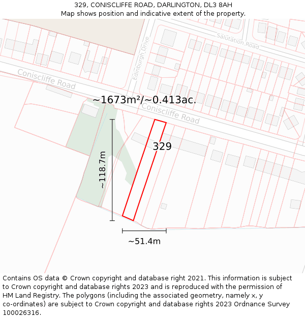 329, CONISCLIFFE ROAD, DARLINGTON, DL3 8AH: Plot and title map